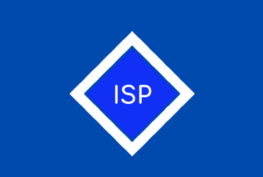 ein logo mit den Buchstaben isp, hintergrund blau, qudratischer Rahmen weiß, schrift in der Mitte weiss