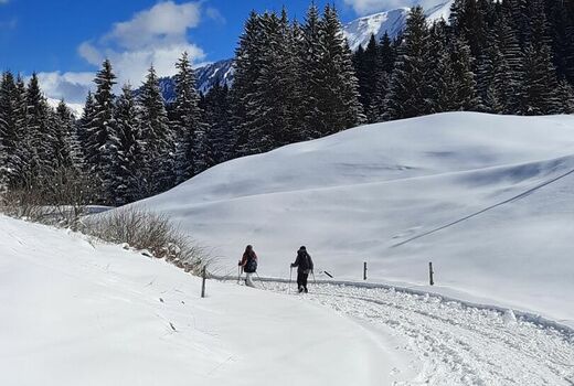 Verschneite Berglandschaft mit zwei Schneewanderern im Hintergrund