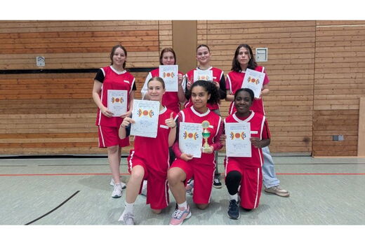 Sieben Basketballerinnen halten ihre Urkunden hoch und lächeln in die Kamera. Vorne knien drei, as Mädchen in der Mitte hält den Pokal. Der Rest steht im Hintergrund.