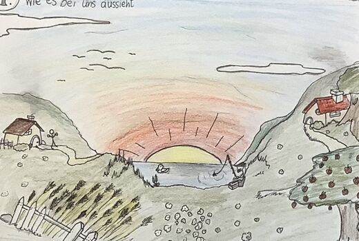 gezeichnetes Bild einer ländlichen Umgebung mit einem See im Zentrum über dem eine große Sonne aufgeht