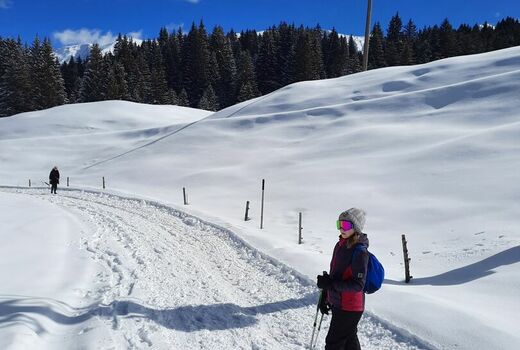 Schneewanderer in offener verschneiter Berglandschaft, im Hintergrund Nadelbäume