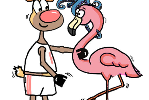 Eine Zeichnung von einem Rentier, der einen Flamingo im Arm hält und einem kleinen Tintenfisch über den beiden Tieren, der beide im Arm hält.