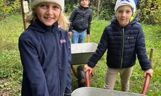 Kinder sammeln Äpfel in einer Schubkarre