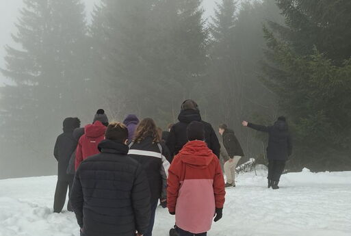Eine Gruppe Menschen geht durch den Schnee in Richtung eines Waldes. Das Wetter ist diesig.